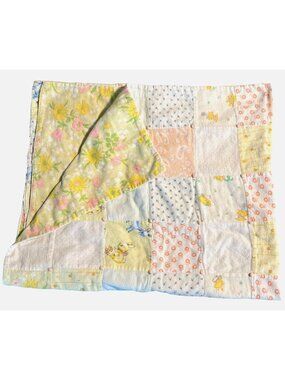 VTG Handmade Patchwork Baby Blanket Flannel Pastel Retro Animals Floral 34 x 40